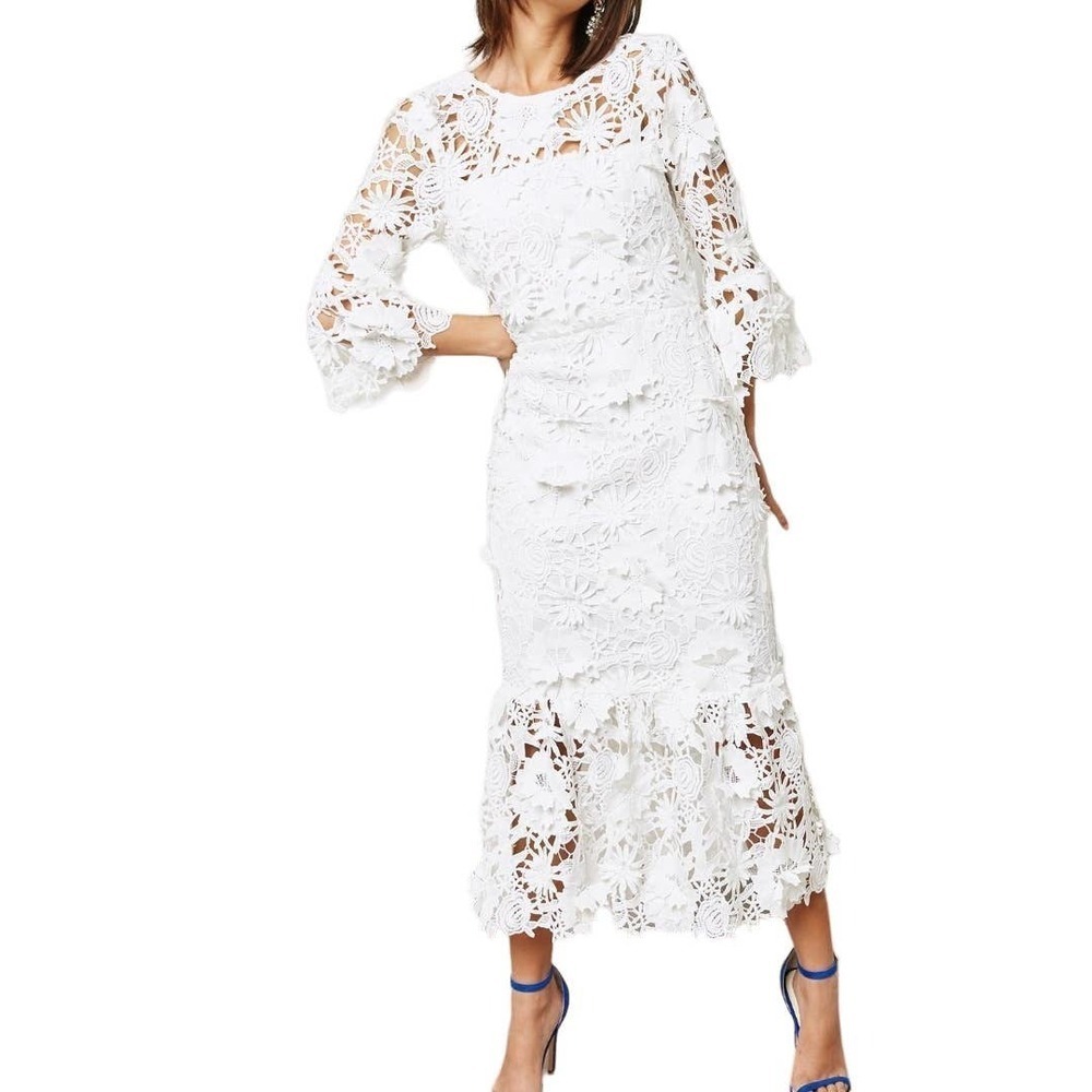 Just Me White Floral Lace Midi Dress